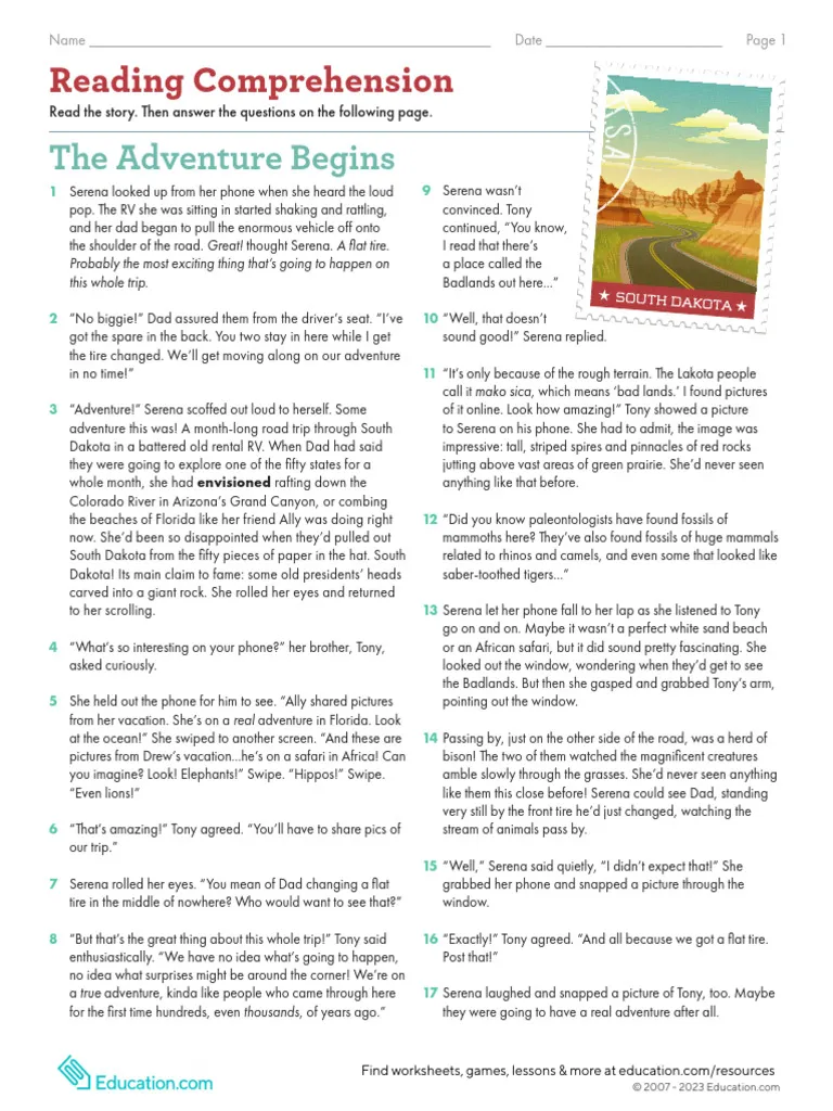The Adventure Begins Reading Worksheets