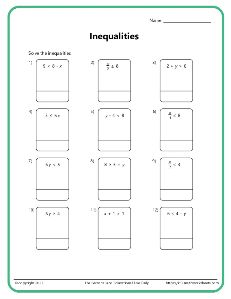 Worksheet for writing real-world inequalities featuring variables for sixth graders