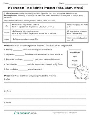 Grammar practice worksheet on relative pronouns: Who vs. Whom for students Worksheet focusing on the use of relative pronouns who and whom for sixth graders