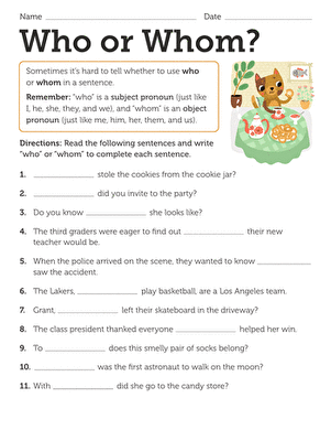 Grammar worksheet on using 'who' vs. 'whom' for effective sentence construction Worksheet for practicing relative pronouns 'who' and 'whom' with example sentences for sixth graders