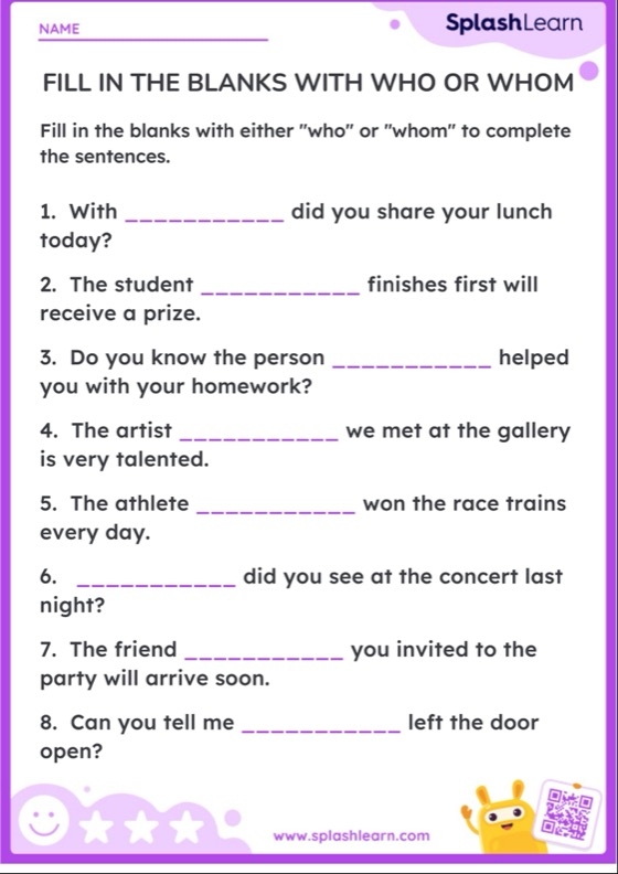 Grammar worksheet focusing on the use of relative pronouns for sixth graders Worksheet for practicing relative pronouns "who" and "whom" in sentences