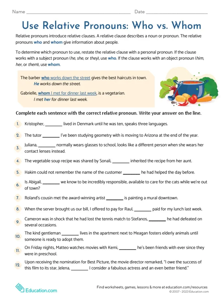 Practice exercise on relative pronouns for effective sentence construction Grammar worksheet for sixth graders focusing on using relative pronouns who and whom