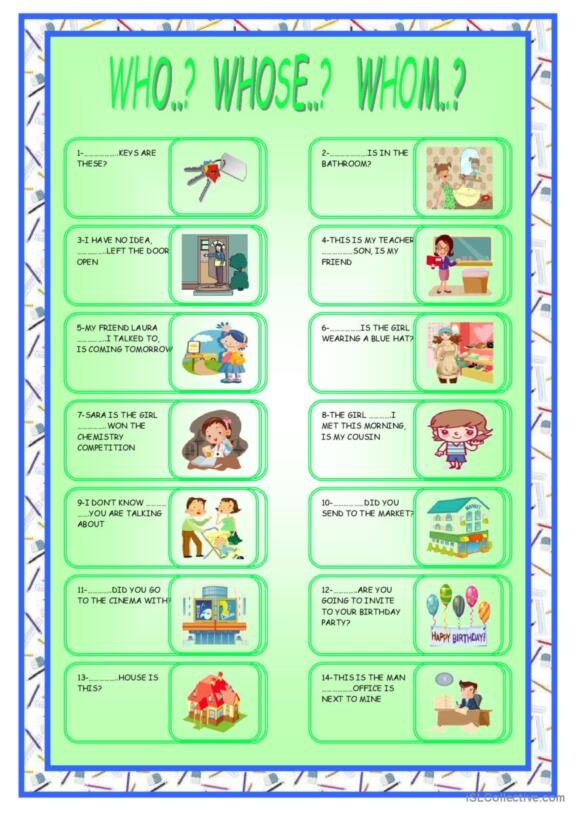Relative Pronouns: Who vs. Whom Worksheet for Grammar Practice Worksheet for practicing relative pronouns "who" and "whom" in sentences for sixth graders