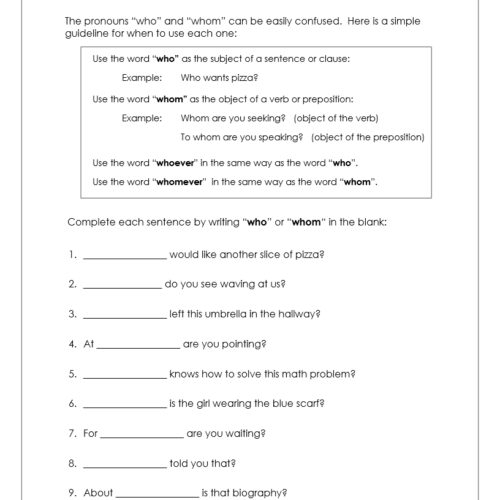 Practice with relative pronouns: Who vs. Whom worksheet image Worksheet featuring exercises on using the relative pronouns who and whom for sixth graders