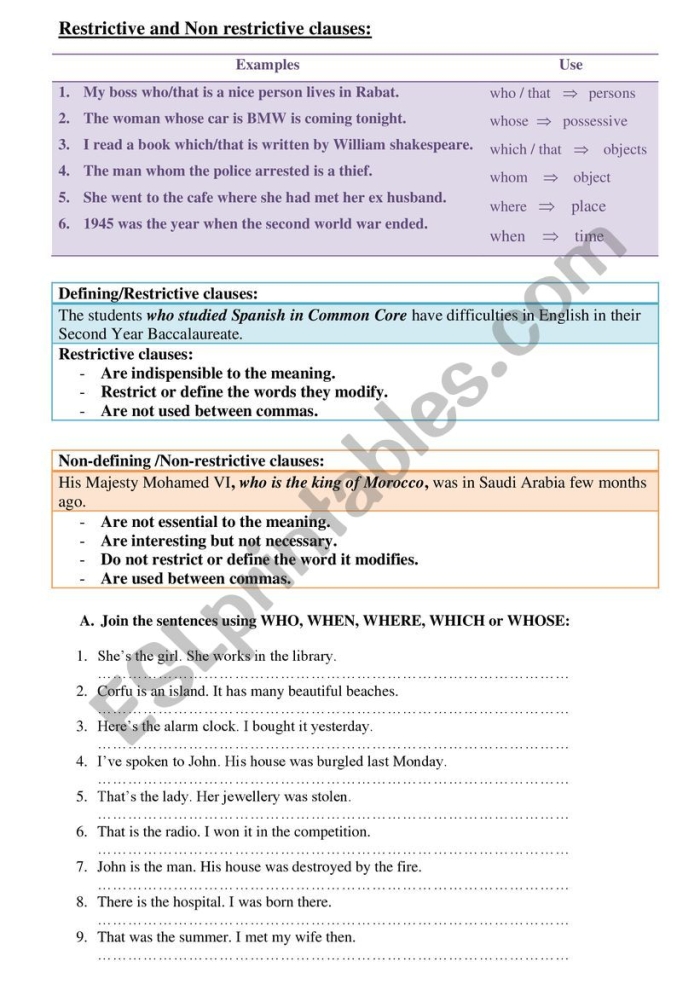 Punctuation practice: Restrictive and Nonrestrictive Elements worksheet image 13 Worksheet for identifying restrictive and nonrestrictive elements in grammar for sixth graders