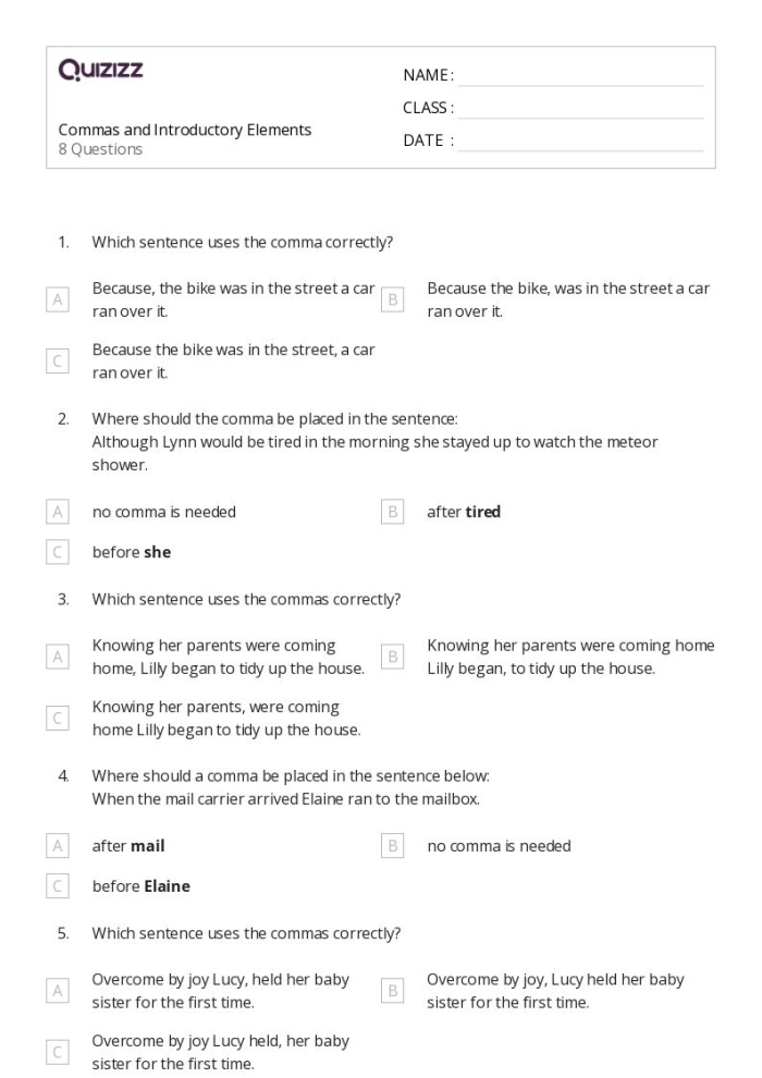 What Does the Punctuation Suggest? Worksheet Image 3 Worksheet for practicing restrictive and nonrestrictive elements in grammar for sixth graders