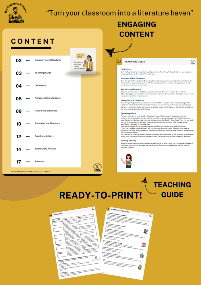Practice worksheet on what punctuation suggests for sixth graders. Worksheet for identifying restrictive and nonrestrictive elements in grammar.