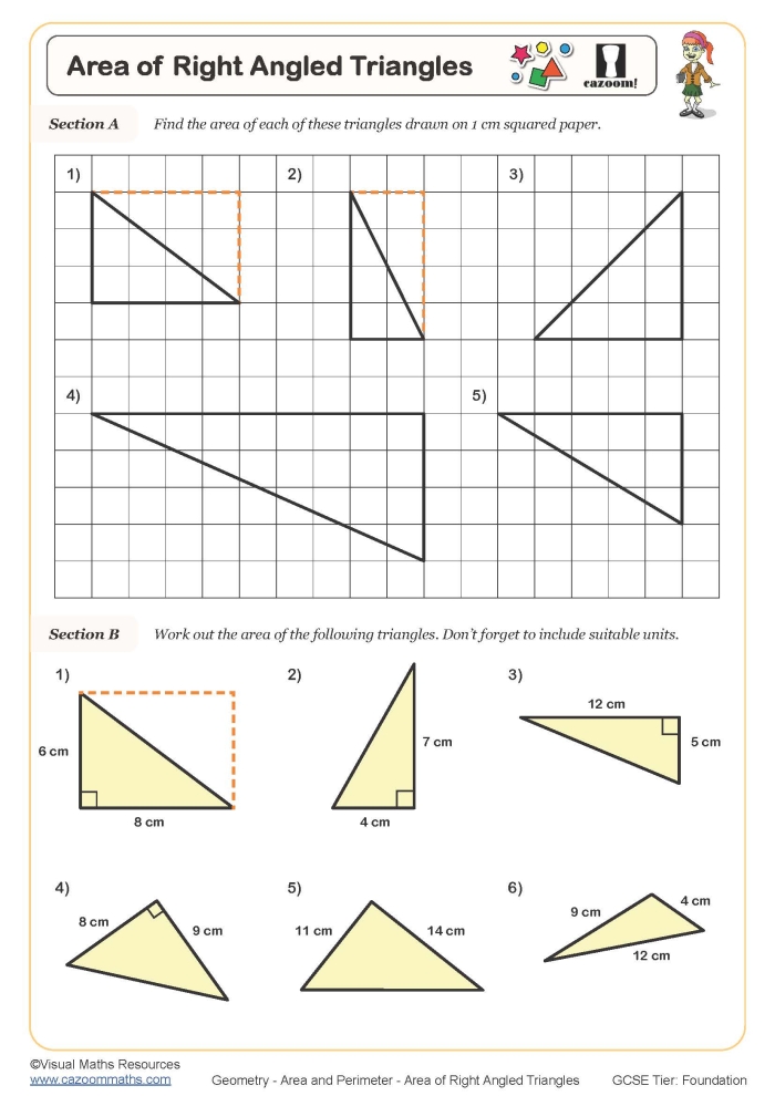 Right Triangles Area Practice Worksheet Number 23 Sixth grade math worksheet featuring geometry problems for calculating the area of right triangles