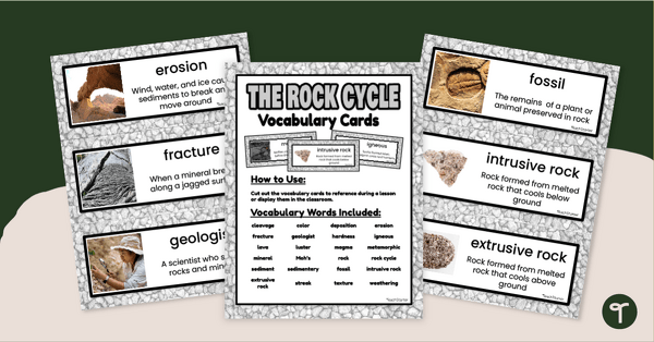 Sixth grade science worksheet featuring a vocabulary matching activity about the rock cycle