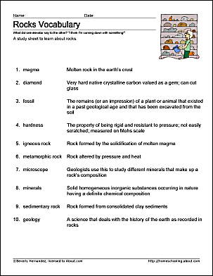 Sixth grade science worksheet featuring a vocabulary matching activity about the rock cycle