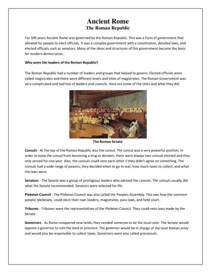 Sixth grade worksheet comparing the Roman Republic and United States government systems with Venn diagram and analysis questions