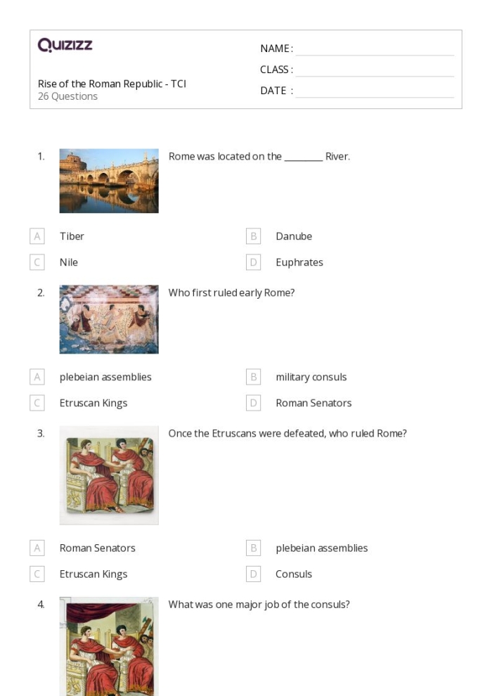 Educational resource on the Roman Republic's organization and governance Detailed worksheet exploring the structure of the Roman Republic for sixth graders