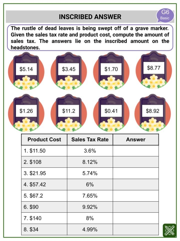 Fun kids products with price tags showing how to add sales tax to your purchase total Sixth grade student calculating sales tax on a shopping cart of colorful toys and school supplies