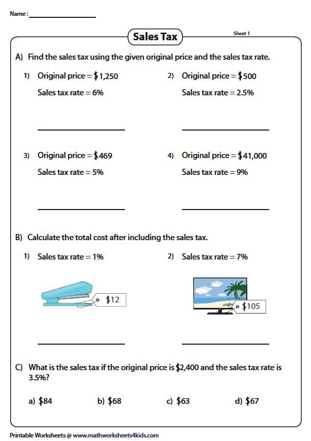 Calculating Sales Tax Worksheet for Grade Six Math Practice Sixth grade students practicing how to calculate sales tax on various fun products in this worksheet