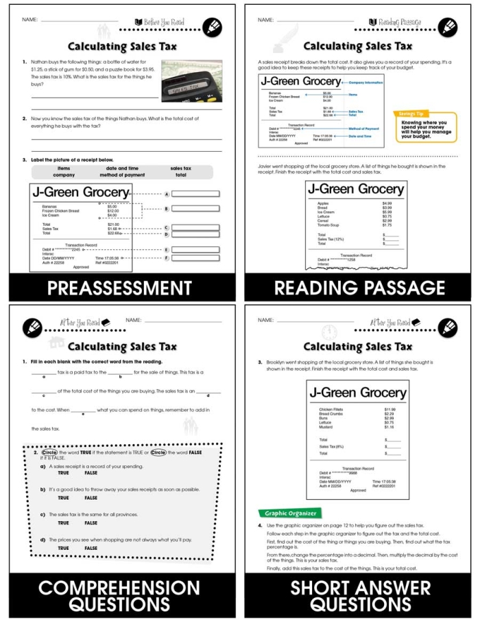 Calculating Sales Tax Practice Activity for Middle School Students Sixth grade student working through sales tax calculations on a worksheet with colorful product images