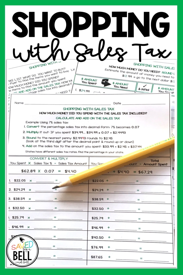 Practice Calculating Sales Tax With Kid-Friendly Products Worksheet 11 Sixth grade student working through sales tax calculation problems on a worksheet with colorful school supplies and toys