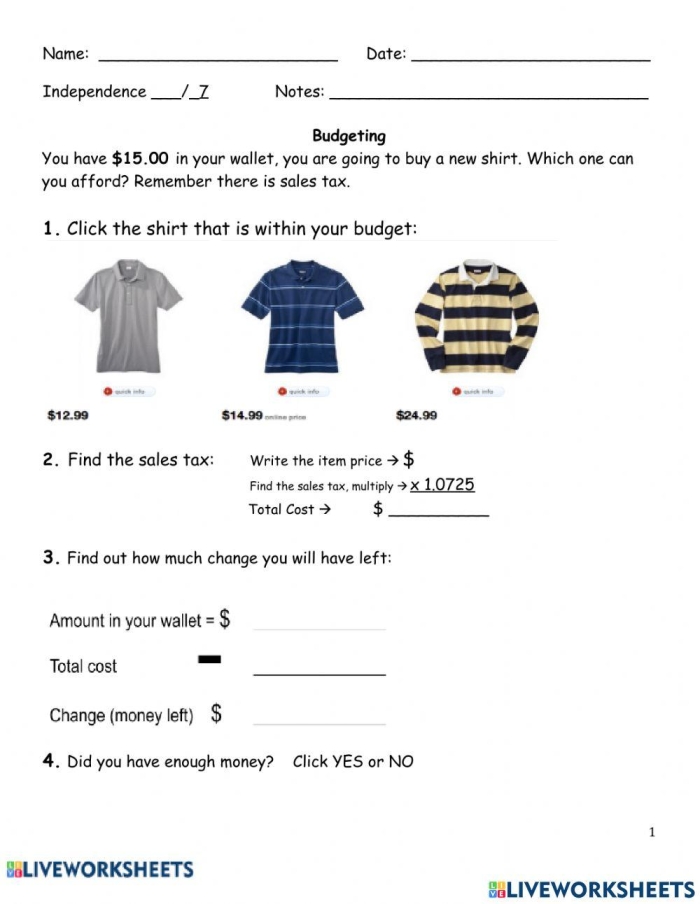 Practice calculating sales tax on popular kids' items for math class Sixth grade student working through sales tax calculation problems on a worksheet with colorful school supplies