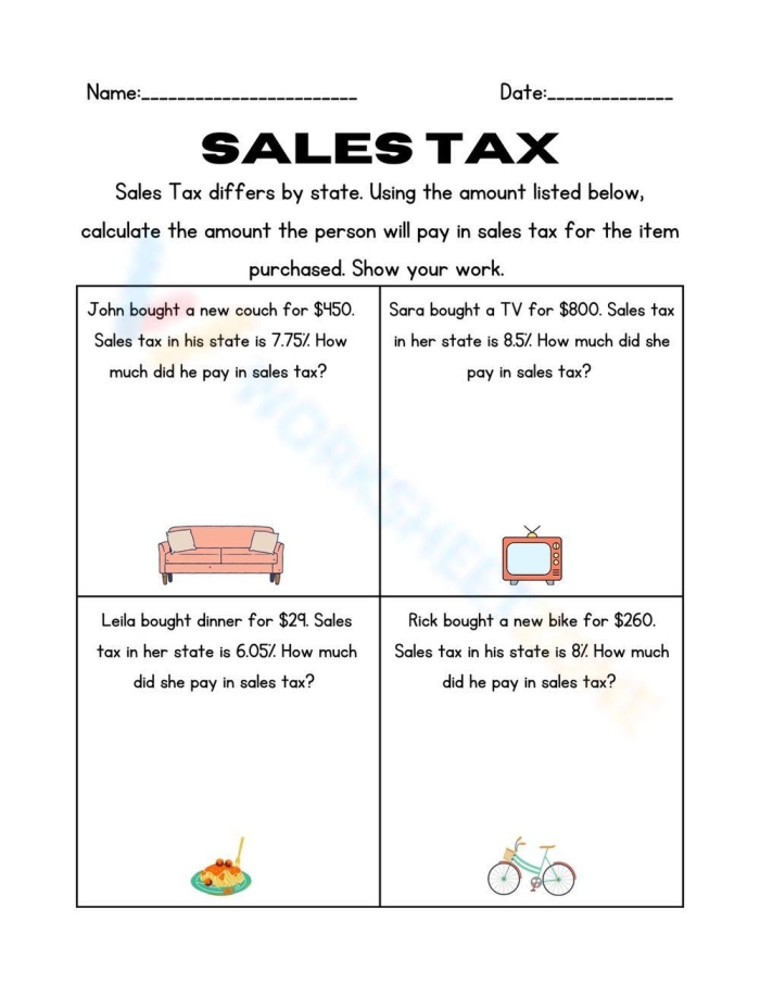 Sales Tax Calculation Practice for Elementary Learners Sixth grade student calculating sales tax on a shopping cart of colorful kids products and toys