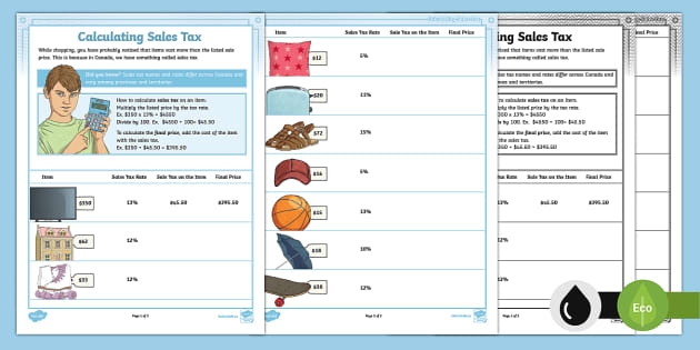Sales Tax Calculation Practice for Middle School Learners Sixth grade student calculating sales tax on popular kids' products using a worksheet