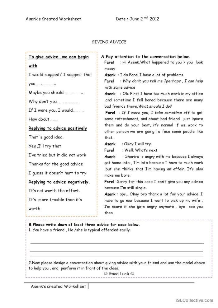 Offer Yourself Advice ASL Worksheet 24 for Middle School Students Sixth grade student writing advice letter to themselves about a personal challenge on the Offer Yourself Advice worksheet