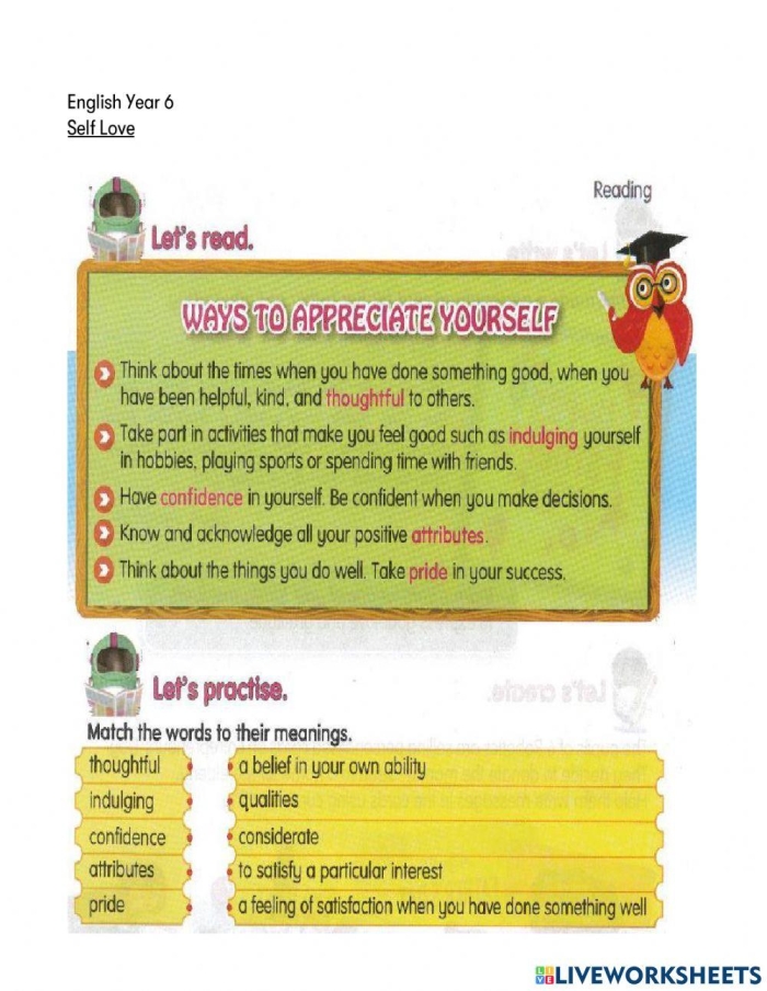 Worksheet for writing a letter of appreciation to oneself, designed for sixth graders. Inspiring self-appreciation activity for reading class.