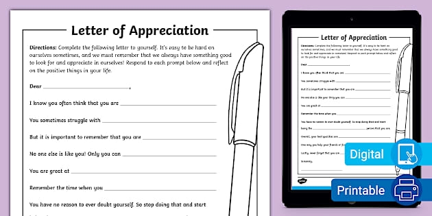 Worksheet for writing a letter of appreciation to oneself, designed for sixth graders
