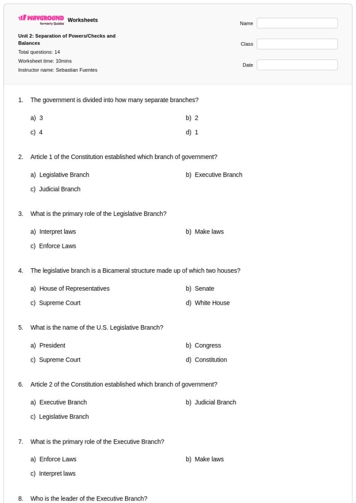 Sixth grade civics worksheet focusing on the U.S. system of separation of powers and checks and balances