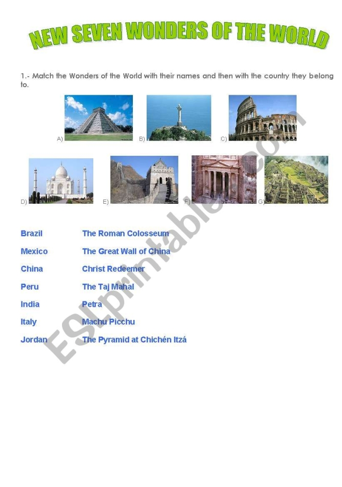 Sixth grade worksheet featuring a globe and map icons for the New Seven Wonders of the World research activity 21