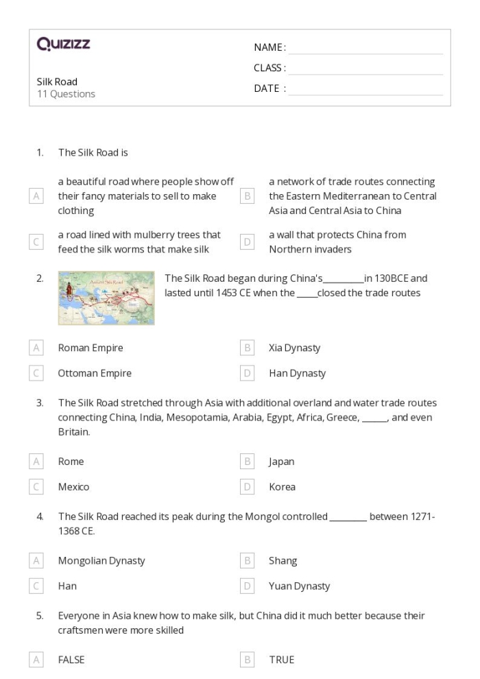 Writing worksheet for Sixth Grade Worksheet for sixth graders on Ancient China and the Silk Road, designed to enhance research skills. Engaging activity about the historical significance of the Silk Road in world history.