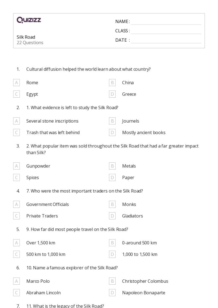 Ancient China Silk Road Educational Worksheet Number 25 Sixth grade students researching historical trade routes on the Ancient China Silk Road worksheet