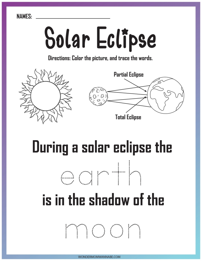 Sixth grade student completing a solar eclipses reading comprehension worksheet with questions and diagrams