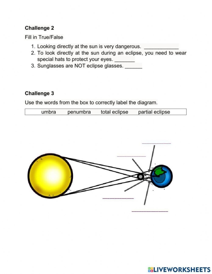 Sixth grade science student completing a reading worksheet about the mechanics of solar eclipses