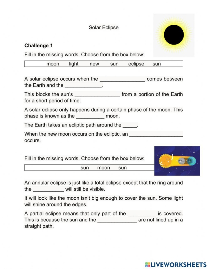 Sixth grade student completing a solar eclipses science worksheet with questions about moon and sun alignment