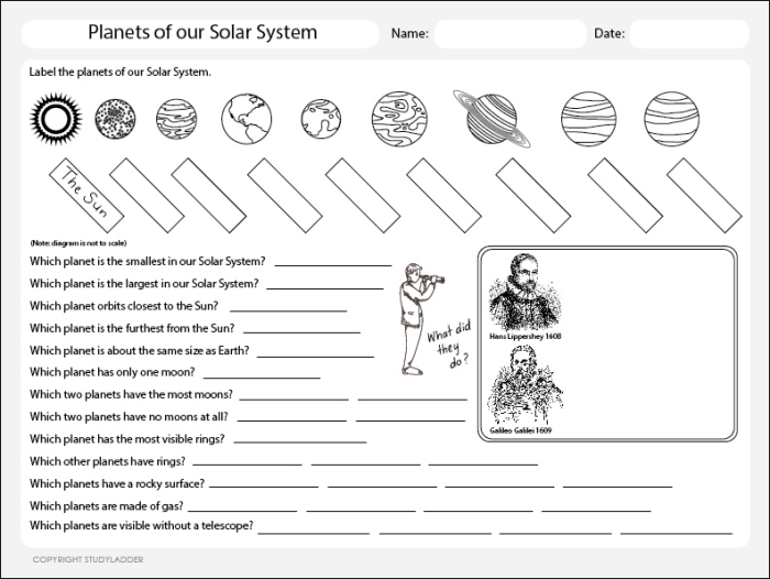 A sixth grade science worksheet featuring a solar system diagram for students to analyze planet scale properties 19