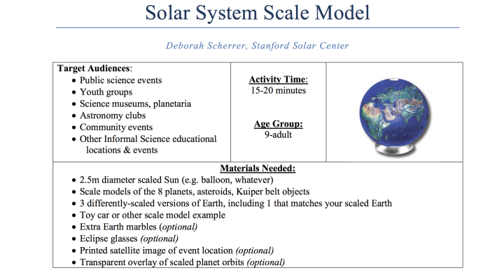 Sixth grade students comparing planet sizes and distances in a solar system scale model worksheet
