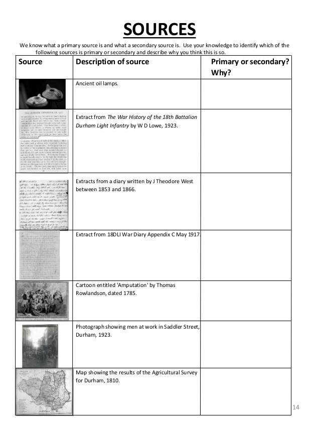 Worksheet illustrating the differences between primary, secondary, and non-historical sources for sixth graders