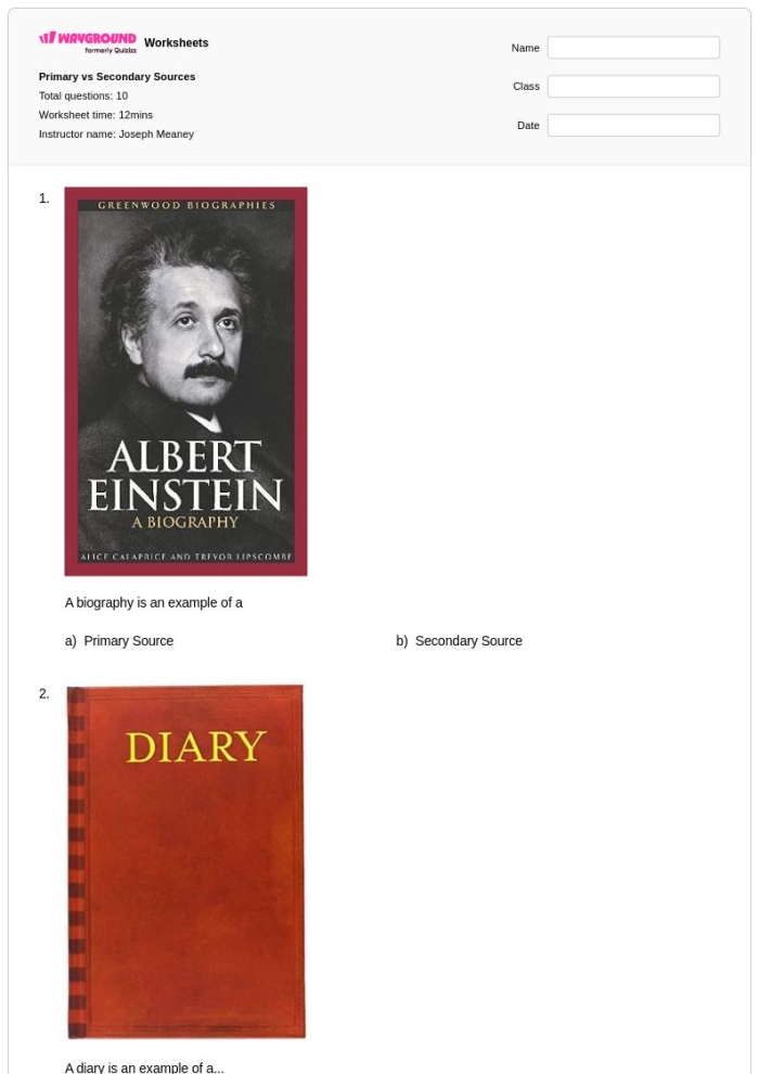 Worksheet illustrating primary, secondary, and non-historical sources for sixth graders. Educational resource for understanding types of sources in social studies.