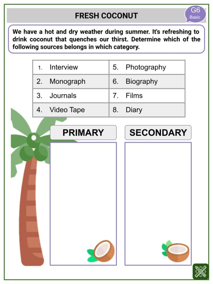 Worksheet illustrating the differences between primary, secondary, and non-historical sources for sixth graders