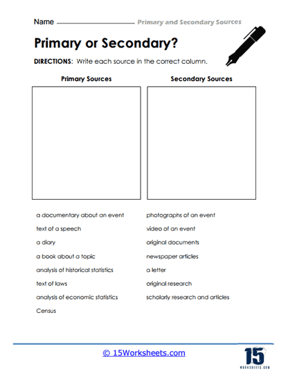 Worksheet illustrating primary, secondary, and non-historical sources for sixth graders