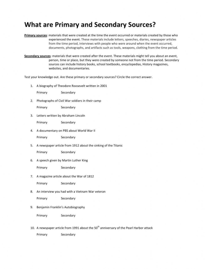 Worksheet illustrating the differences between primary, secondary, and non-historical sources for sixth graders