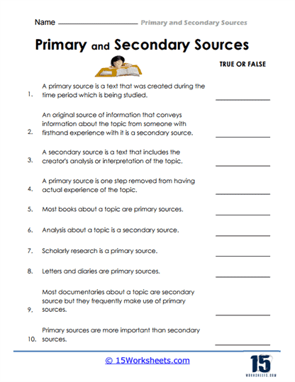 Worksheet illustrating primary, secondary, and non-historical sources for sixth graders