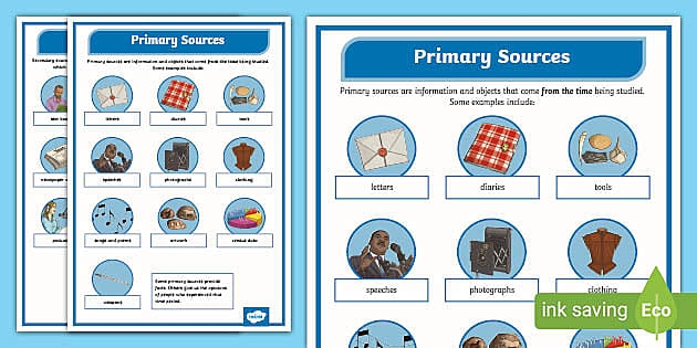 Worksheet illustrating primary, secondary, and non-historical sources for sixth graders
