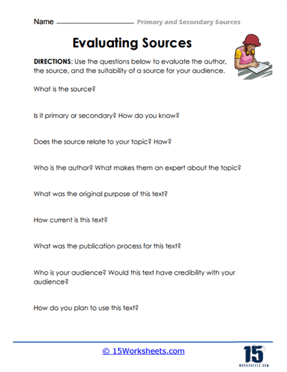 Worksheet illustrating primary, secondary, and non-historical sources for sixth graders