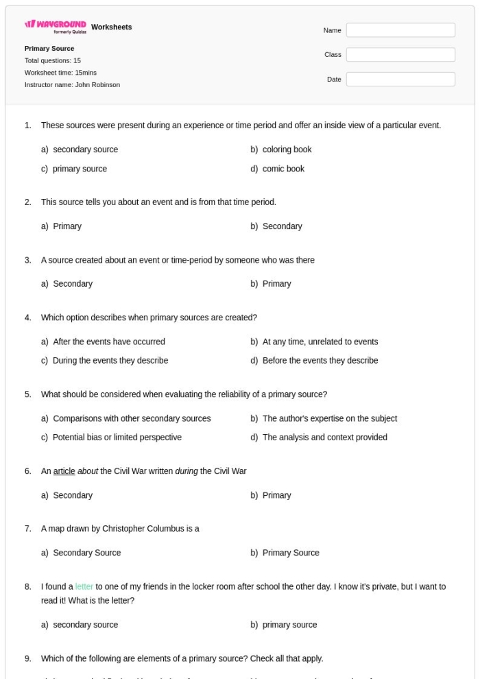 Worksheet illustrating primary, secondary, and non-historical sources for sixth graders. Types of Sources: Primary, Secondary, and Non-historical worksheet for social studies.