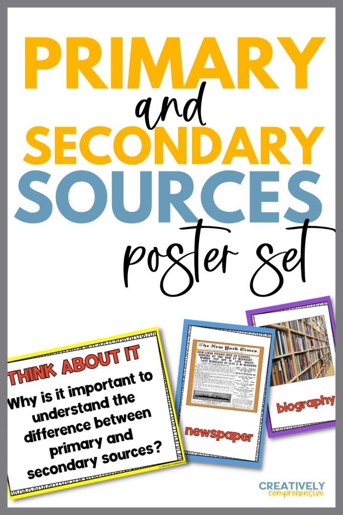 Worksheet illustrating primary, secondary, and non-historical sources for sixth graders