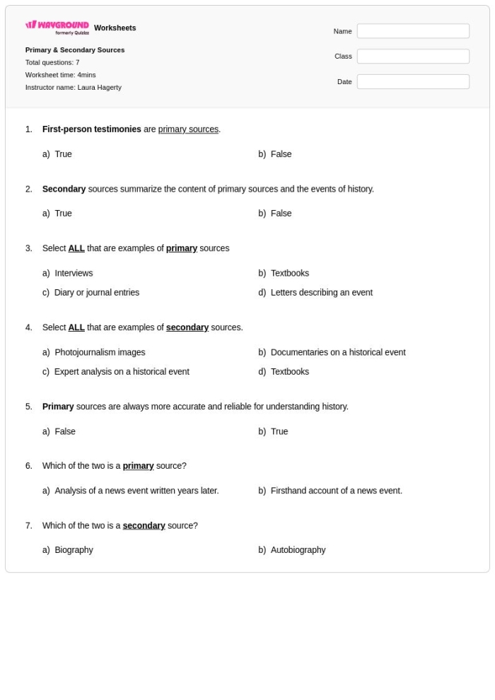 Worksheet exploring primary, secondary, and non-historical sources for sixth graders