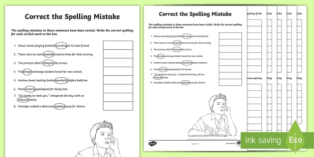 Sixth grade student completing a worksheet on identifying and fixing spelling mistakes