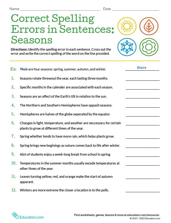 Worksheet for correcting spelling and grammar mistakes in sentences