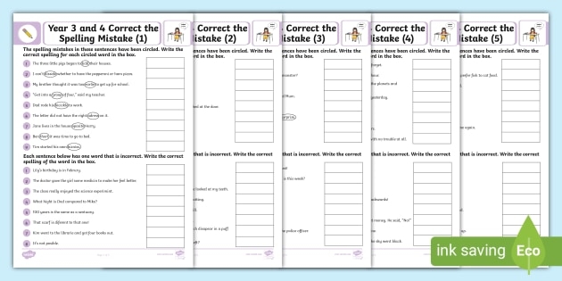 Sixth grade grammar worksheet focused on identifying and fixing spelling errors in sentences