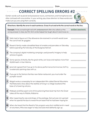 Worksheet for sixth graders focusing on identifying and correcting spelling mistakes